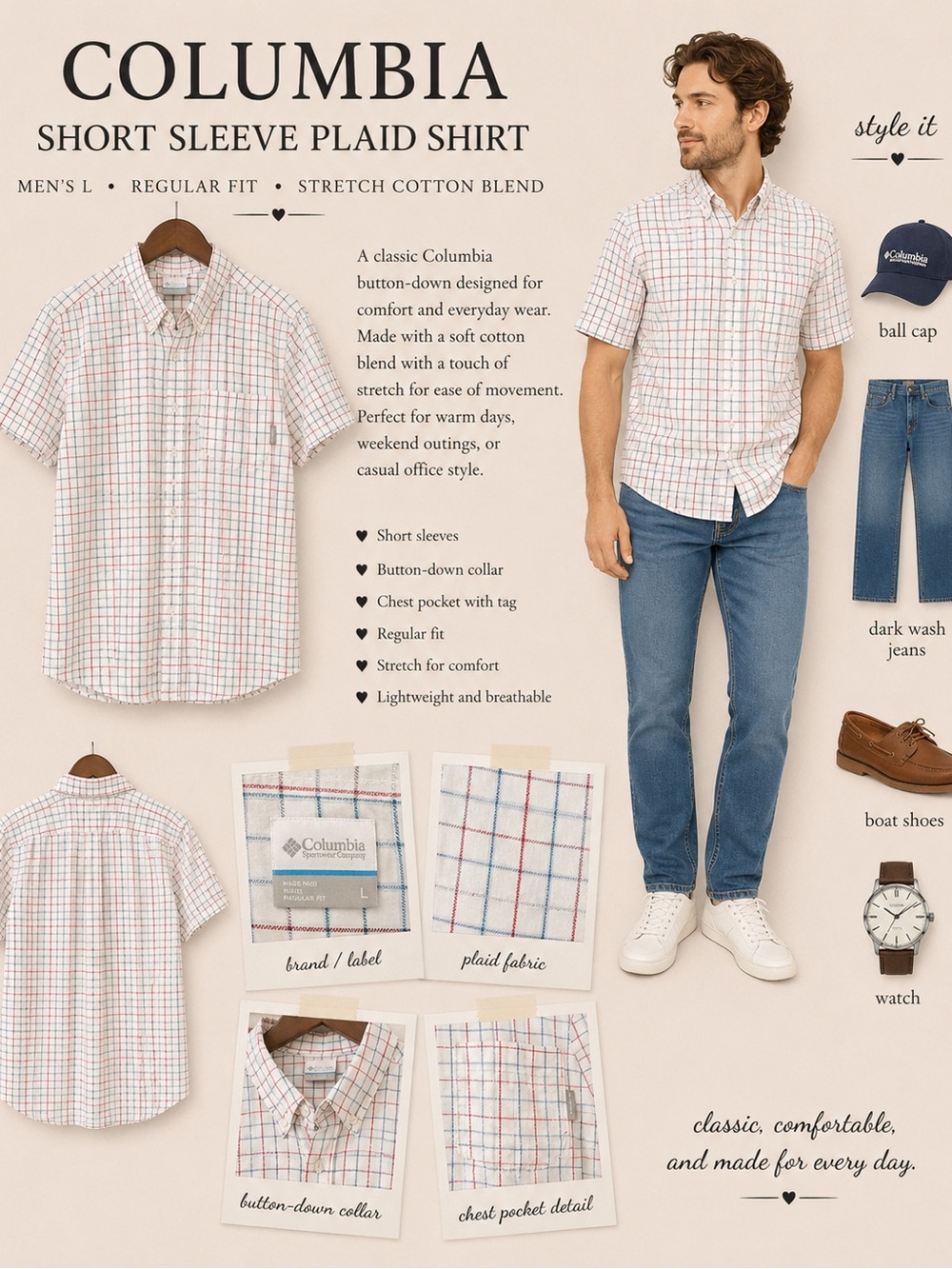 Columbia Mens L Short Sleeve Plaid Button Down Shirt White Red Blue Stretch
